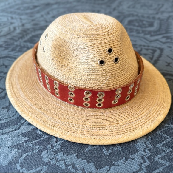 Vintage Woven Straw Hat with Red Leather Band - Picture 6 of 6